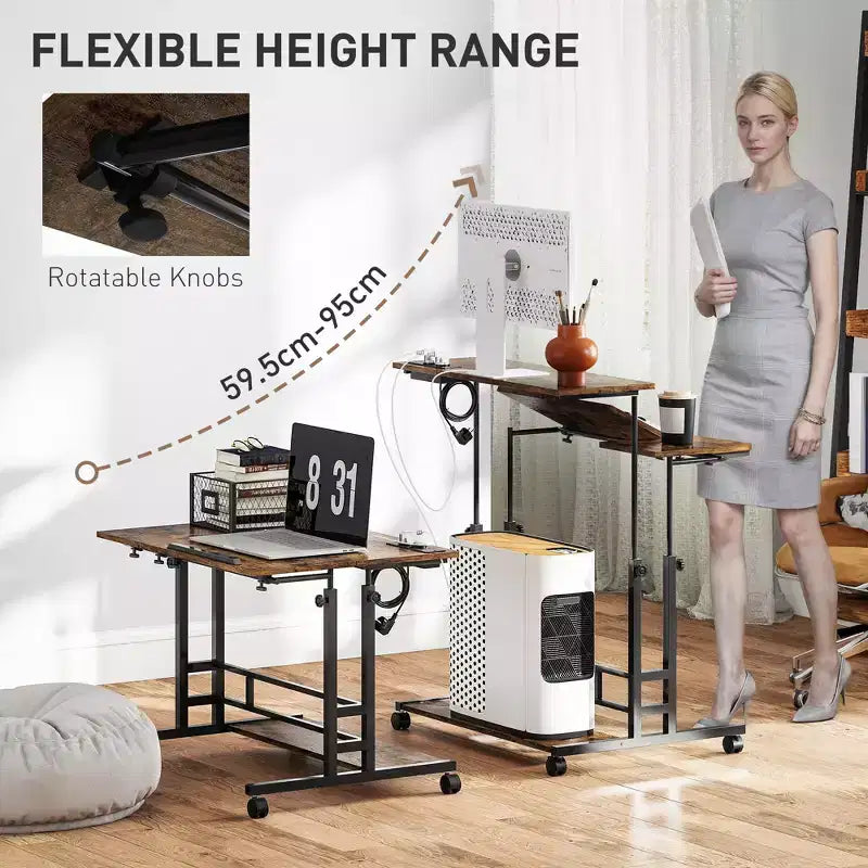 Adjustable Standing Desk with Power Outlets, Tiltable Tabletop, Wheels & Shelf
