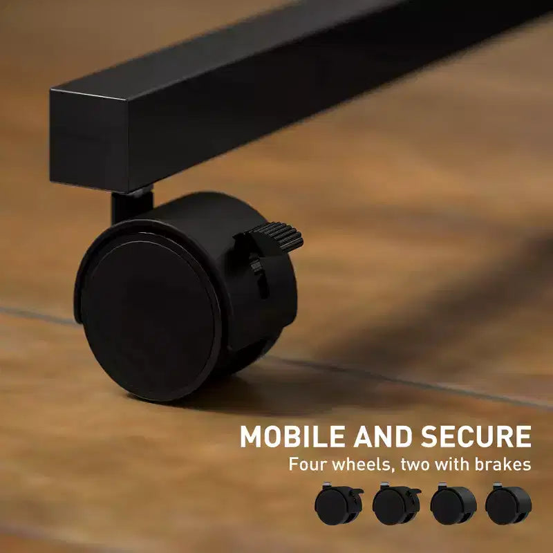 Adjustable Standing Desk with Power Outlets, Tiltable Tabletop, Wheels & Shelf