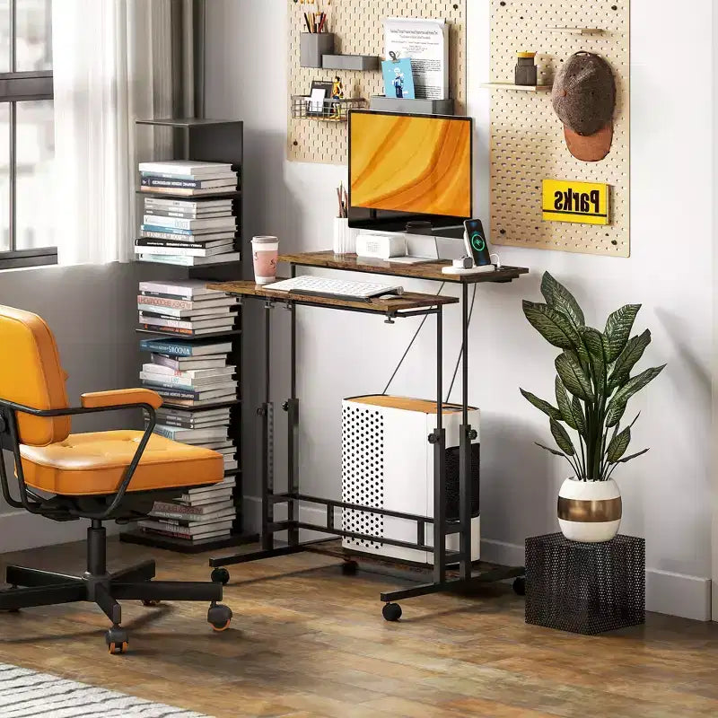 Adjustable Standing Desk with Power Outlets, Tiltable Tabletop, Wheels & Shelf