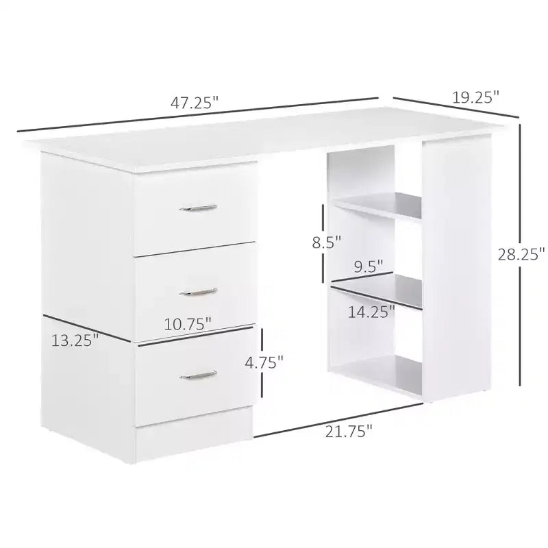 47" Modern Home Office Computer Desk with Bookcase, 3 Drawers & Storage Shelf