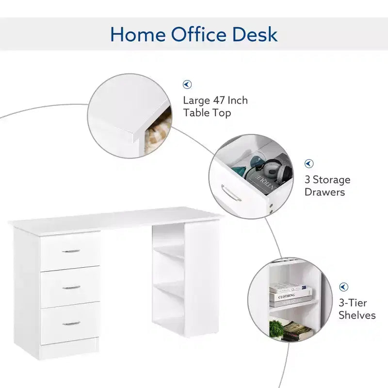 47" Modern Home Office Computer Desk with Bookcase, 3 Drawers & Storage Shelf