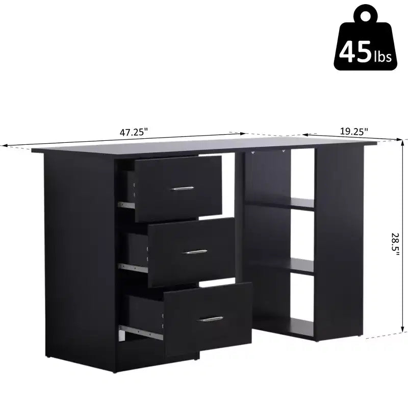 47" Modern Home Office Computer Desk with Bookcase, 3 Drawers & Storage Shelf