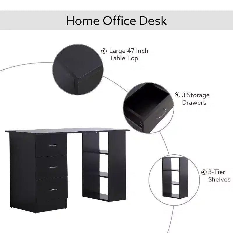47" Modern Home Office Computer Desk with Bookcase, 3 Drawers & Storage Shelf