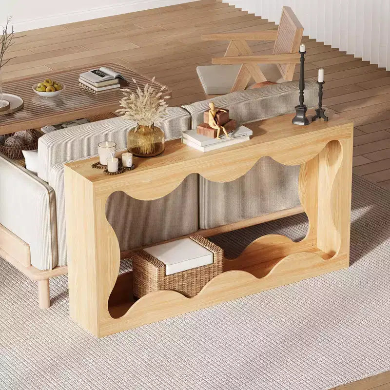 63 Console Table for Entryway, Wooden Rectangular Narrow Sofa Table Behind Couch, Scalloped Entryway Table for Living Room Hallway Entrance