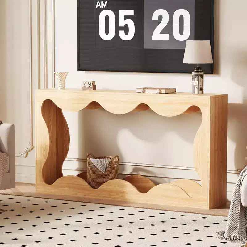 63 Console Table for Entryway, Wooden Rectangular Narrow Sofa Table Behind Couch, Scalloped Entryway Table for Living Room Hallway Entrance