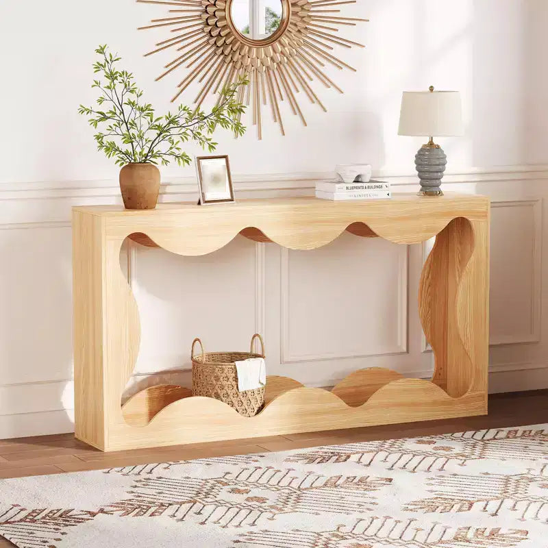63 Console Table for Entryway, Wooden Rectangular Narrow Sofa Table Behind Couch, Scalloped Entryway Table for Living Room Hallway Entrance