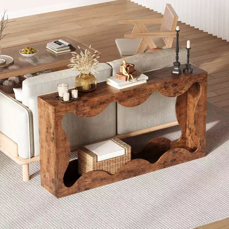 63 Console Table for Entryway, Wooden Rectangular Narrow Sofa Table Behind Couch, Scalloped Entryway Table for Living Room Hallway Entrance