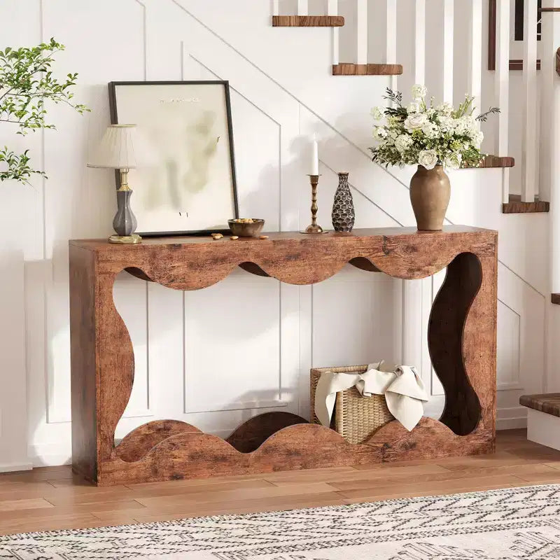 63 Console Table for Entryway, Wooden Rectangular Narrow Sofa Table Behind Couch, Scalloped Entryway Table for Living Room Hallway Entrance