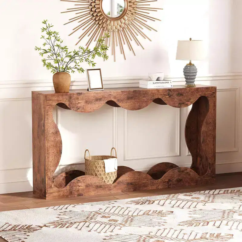 63 Console Table for Entryway, Wooden Rectangular Narrow Sofa Table Behind Couch, Scalloped Entryway Table for Living Room Hallway Entrance