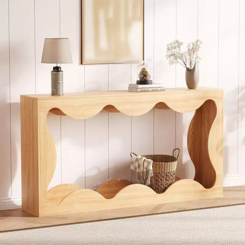 63 Console Table for Entryway, Wooden Rectangular Narrow Sofa Table Behind Couch, Scalloped Entryway Table for Living Room Hallway Entrance