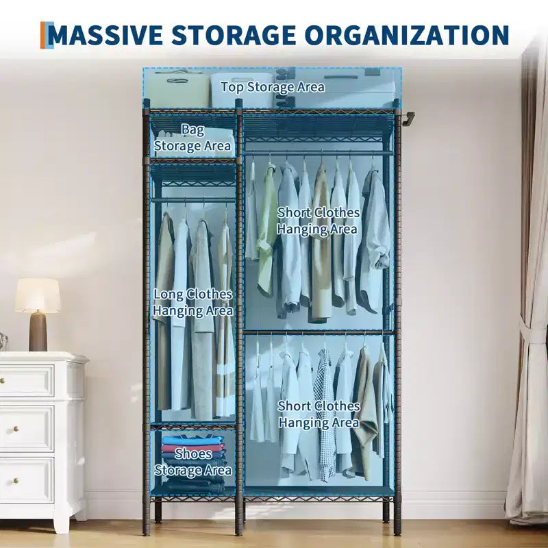 Heavy Duty Clothes Rack with 4 Tiers Shelves, Freestanding Portable Closet, Adjustable Clothing Storage Rack, Supports Up to 850 LBS