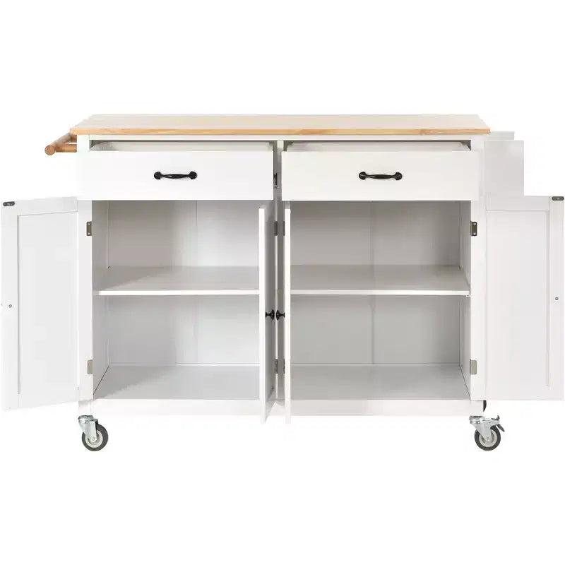 54.3" Kitchen Island Cart with Solid Wood Top, Locking Wheels, Spice & Towel Rack, White