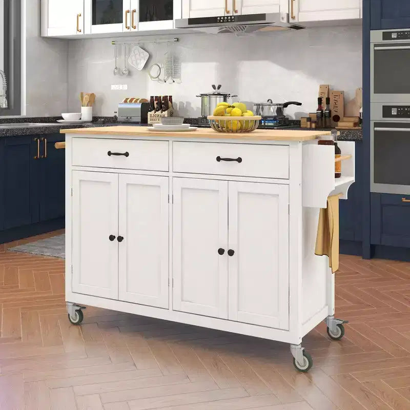 54.3" Kitchen Island Cart with Solid Wood Top, Locking Wheels, Spice & Towel Rack, White