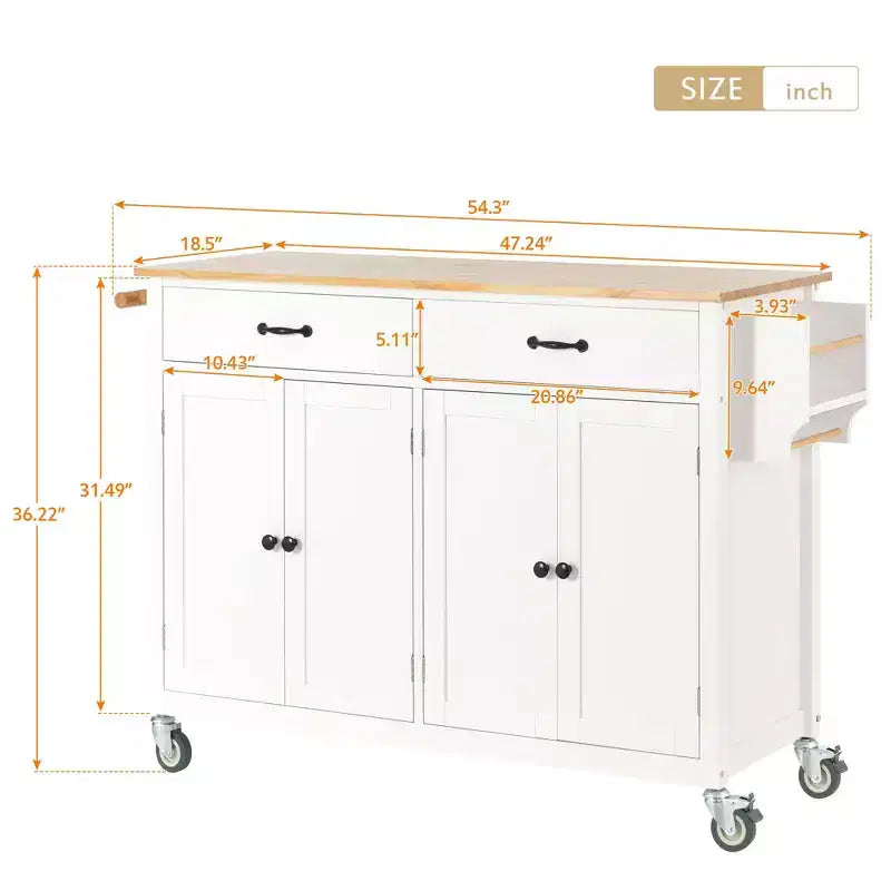 54.3" Kitchen Island Cart with Solid Wood Top, Locking Wheels, Spice & Towel Rack, White