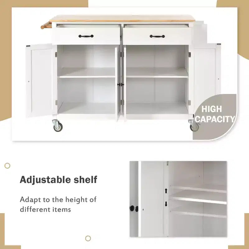 54.3" Kitchen Island Cart with Solid Wood Top, Locking Wheels, Spice & Towel Rack, White