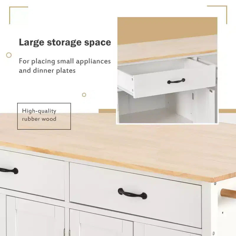 54.3" Kitchen Island Cart with Solid Wood Top, Locking Wheels, Spice & Towel Rack, White