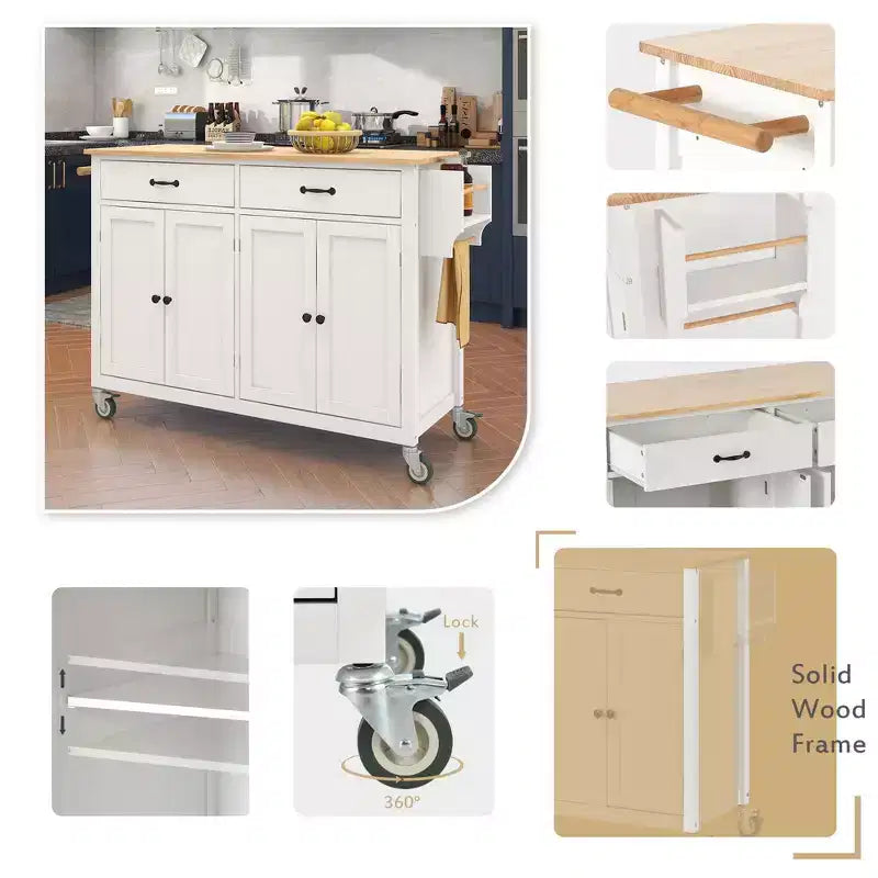 54.3" Kitchen Island Cart with Solid Wood Top, Locking Wheels, Spice & Towel Rack, White