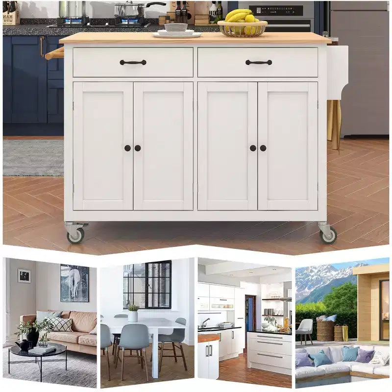 54.3" Kitchen Island Cart with Solid Wood Top, Locking Wheels, Spice & Towel Rack, White