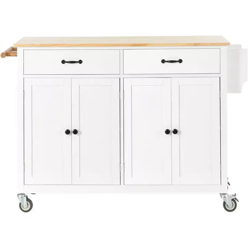 54.3" Kitchen Island Cart with Solid Wood Top, Locking Wheels, Spice & Towel Rack, White