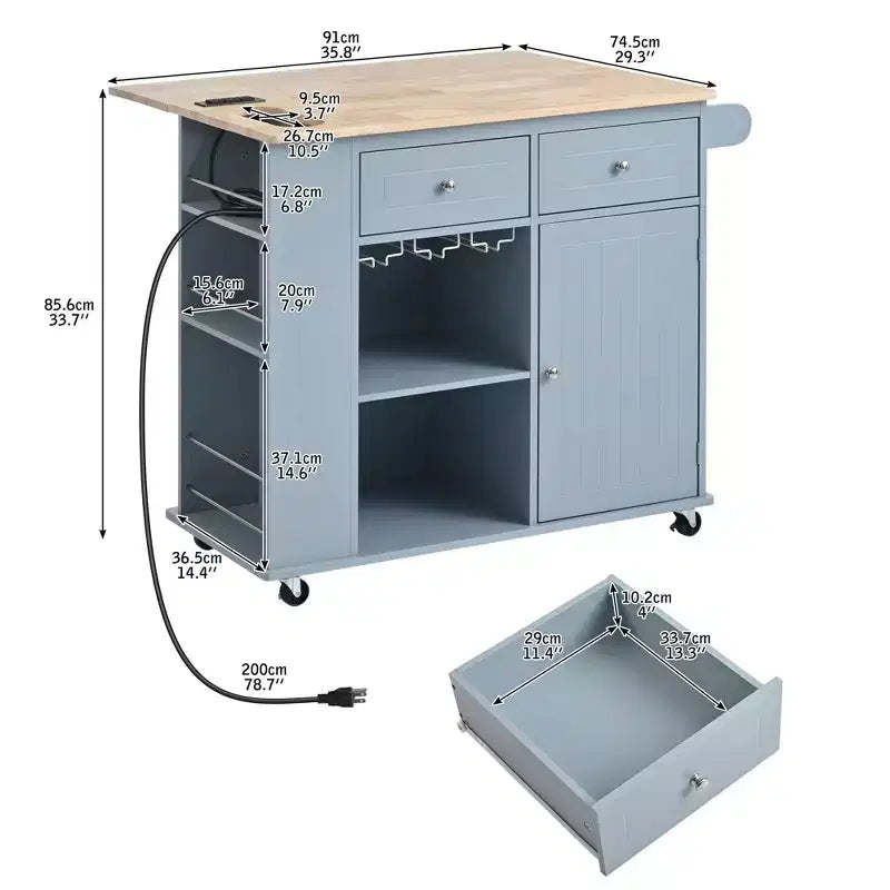 Kitchen Island with Power Outlet, Drop Leaf, Wine Rack & Adjustable Storage, Blue