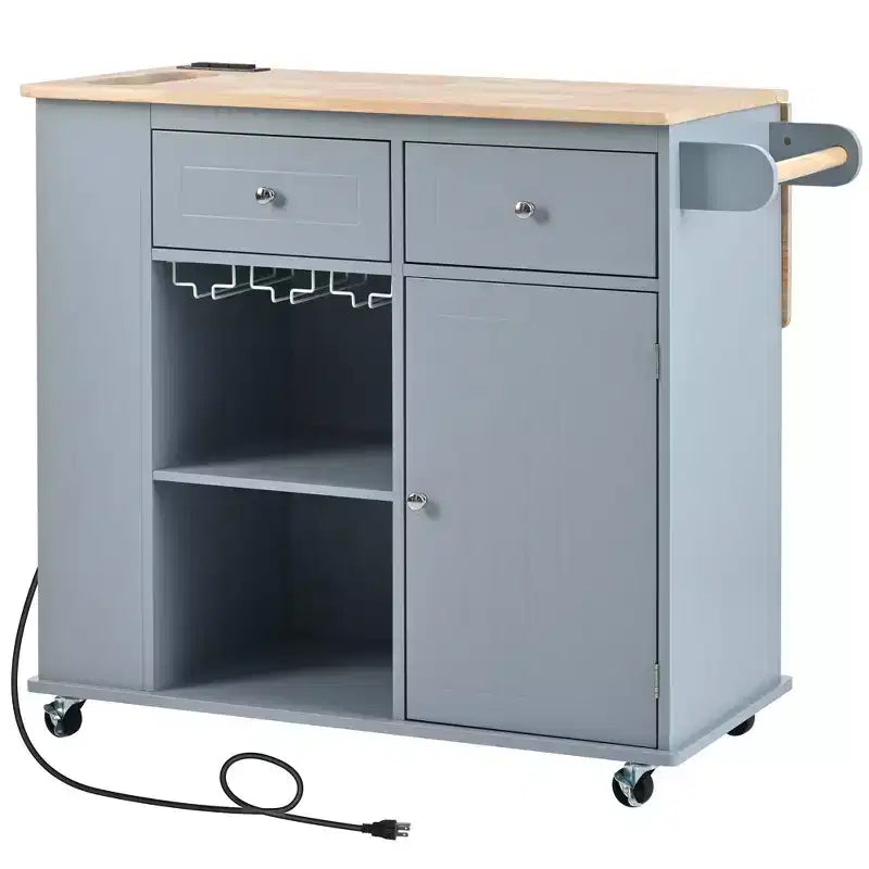 Kitchen Island with Power Outlet, Drop Leaf, Wine Rack & Adjustable Storage, Blue