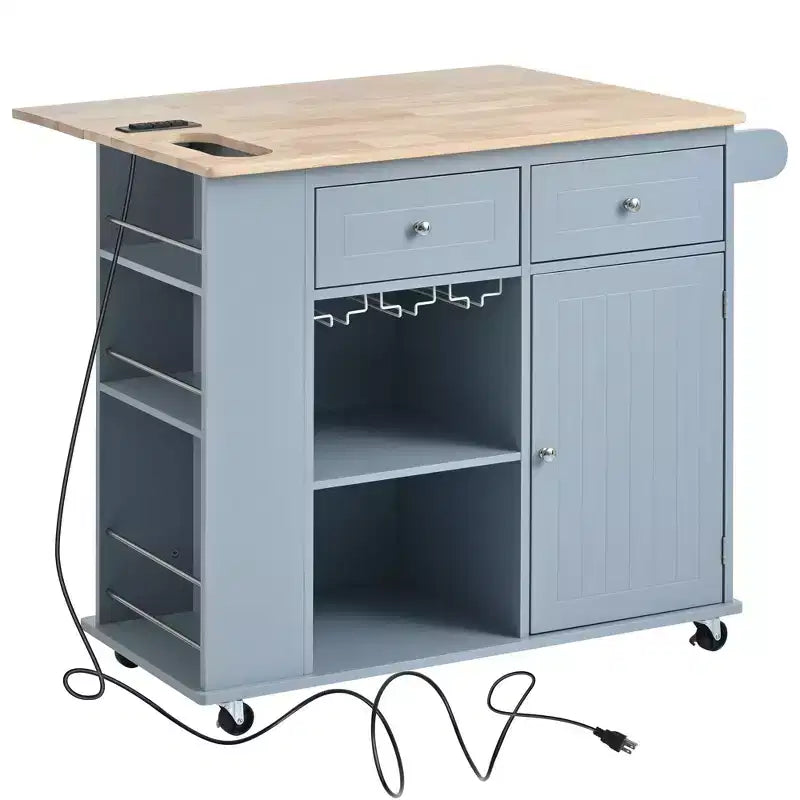 Kitchen Island with Power Outlet, Drop Leaf, Wine Rack & Adjustable Storage, Blue