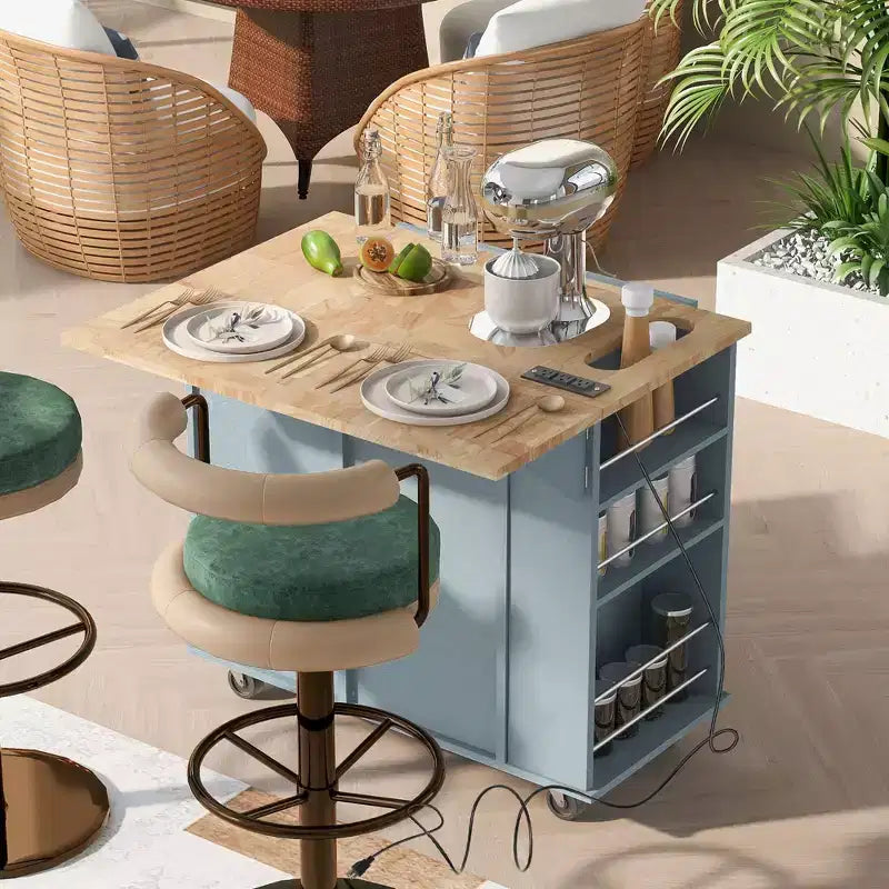 Kitchen Island with Power Outlet, Drop Leaf, Wine Rack & Adjustable Storage, Blue