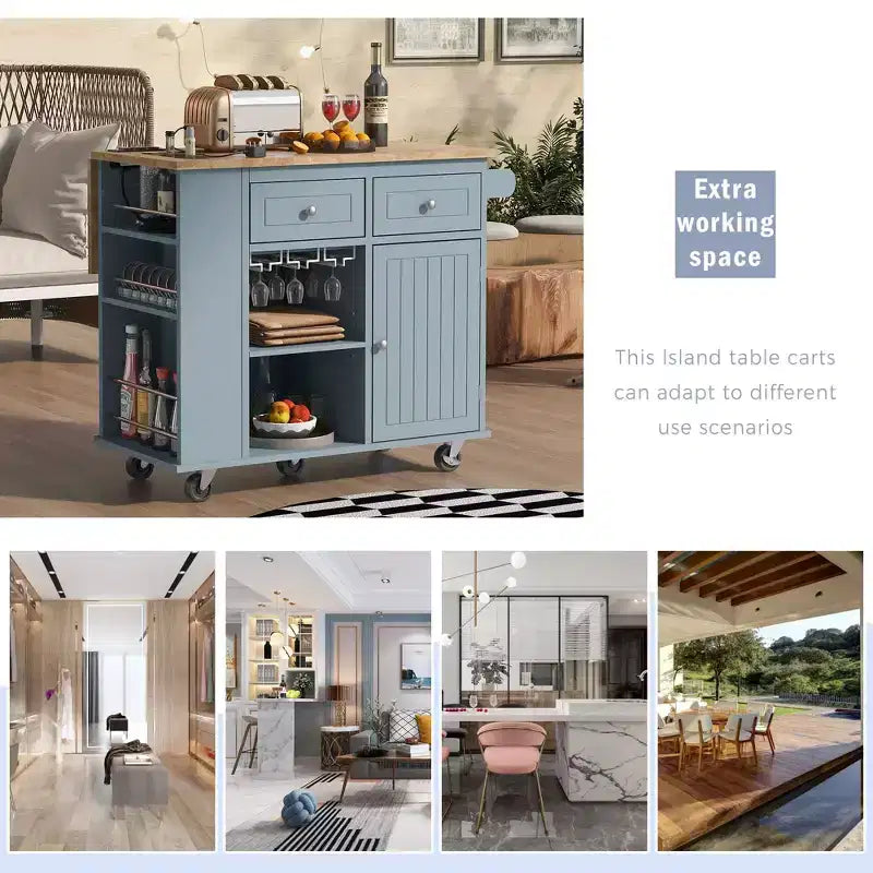 Kitchen Island with Power Outlet, Drop Leaf, Wine Rack & Adjustable Storage, Blue