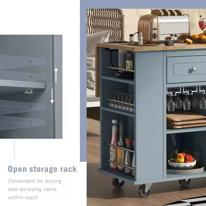 Kitchen Island with Power Outlet, Drop Leaf, Wine Rack & Adjustable Storage, Blue