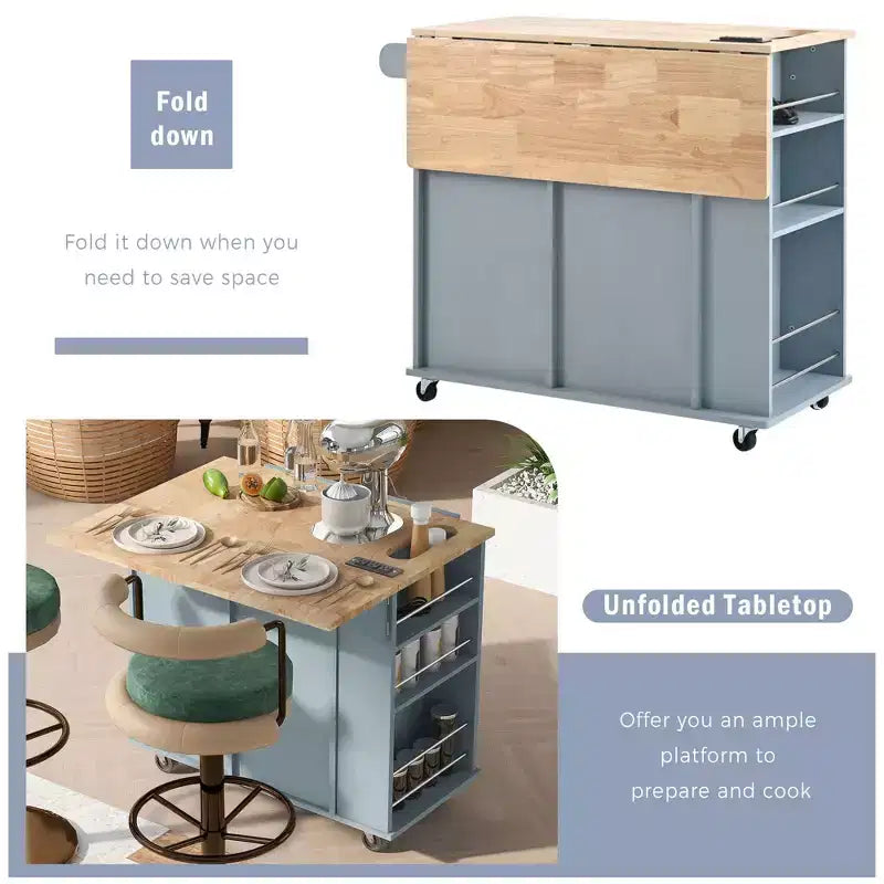 Kitchen Island with Power Outlet, Drop Leaf, Wine Rack & Adjustable Storage, Blue