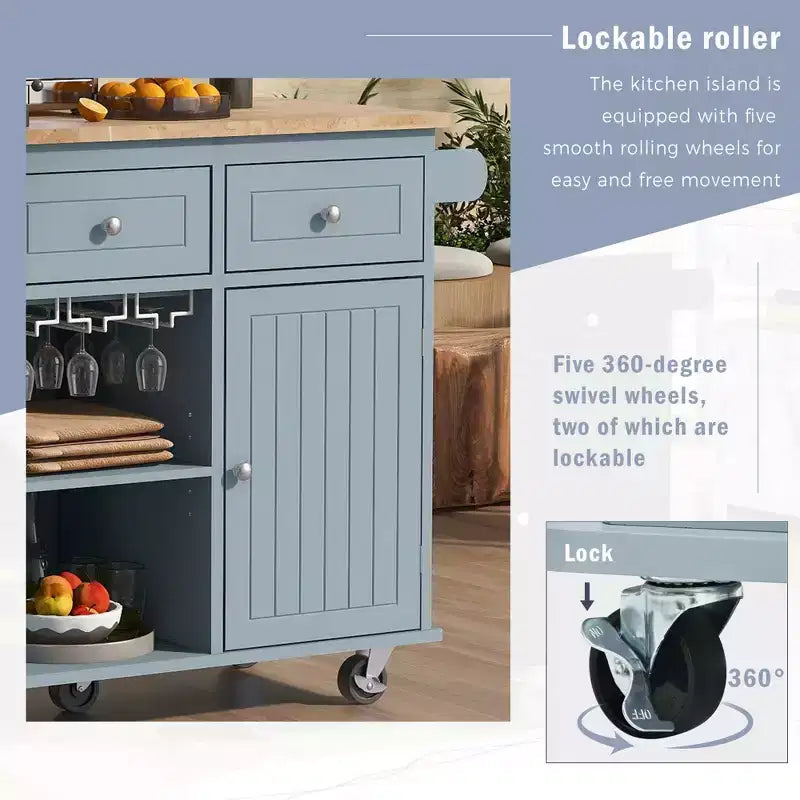 Kitchen Island with Power Outlet, Drop Leaf, Wine Rack & Adjustable Storage, Blue