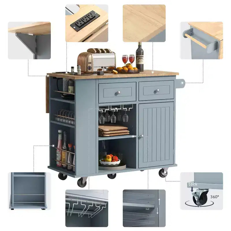 Kitchen Island with Power Outlet, Drop Leaf, Wine Rack & Adjustable Storage, Blue