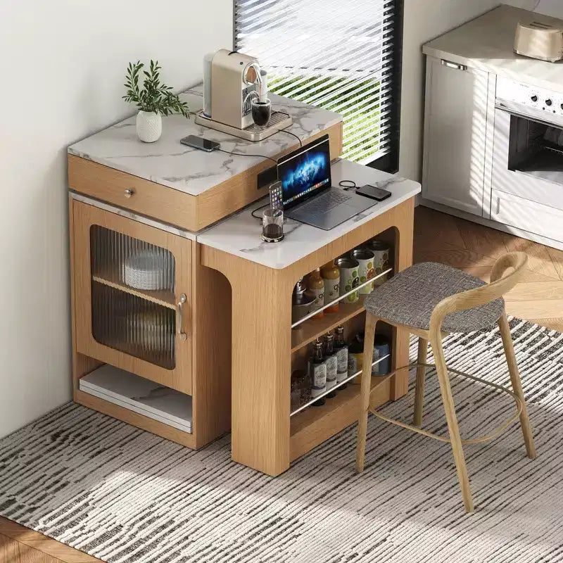 59.5" Kitchen Island with Extendable Dining Table, Double-Sided Storage & Power Outlet, Natural