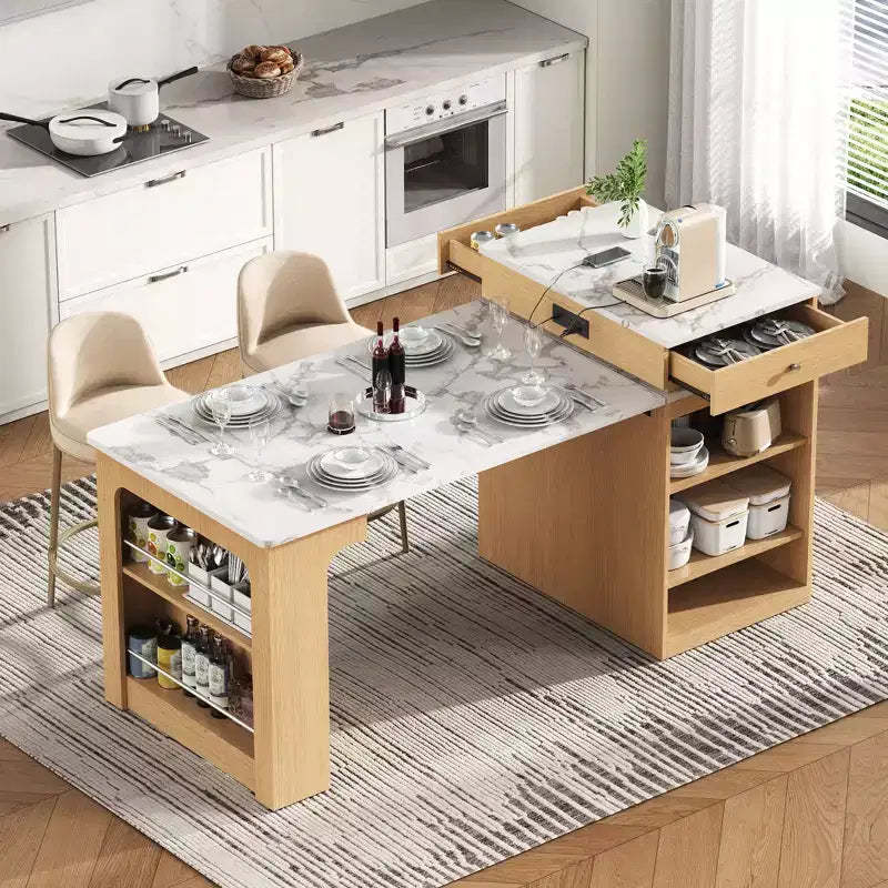 59.5" Kitchen Island with Extendable Dining Table, Double-Sided Storage & Power Outlet, Natural