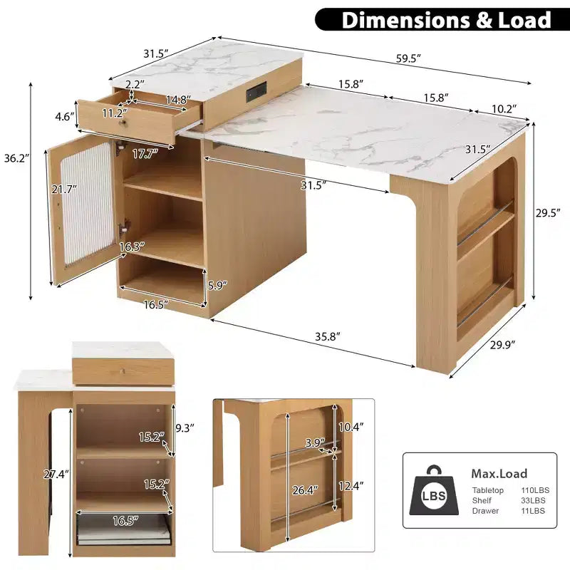 59.5" Kitchen Island with Extendable Dining Table, Double-Sided Storage & Power Outlet, Natural