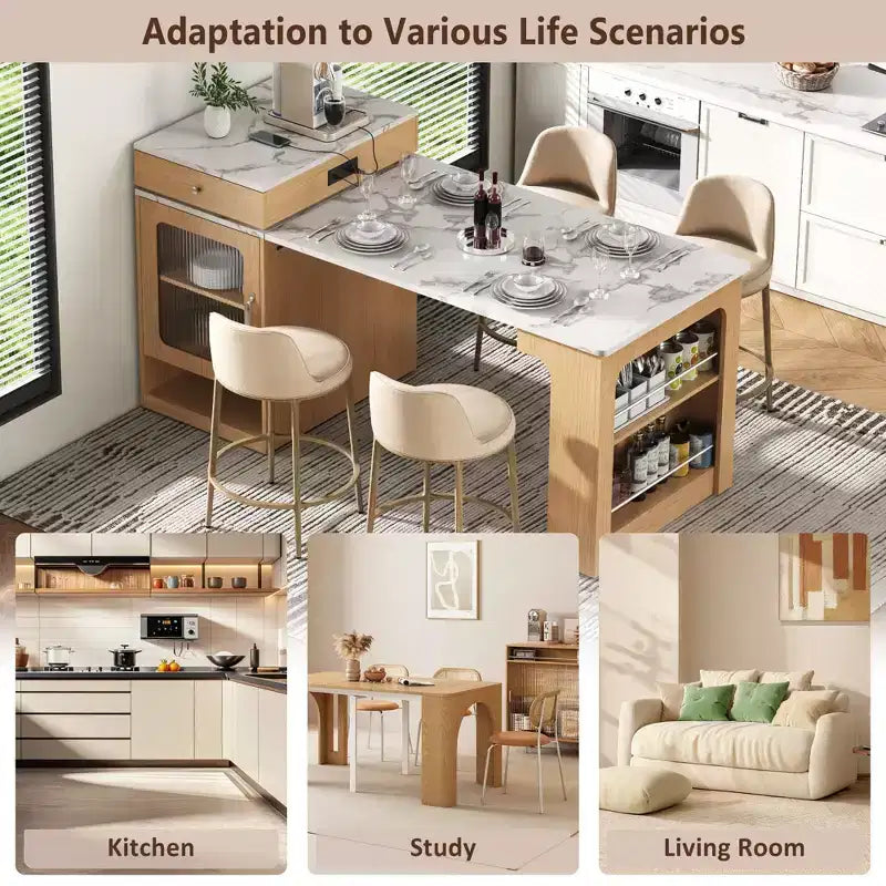 59.5" Kitchen Island with Extendable Dining Table, Double-Sided Storage & Power Outlet, Natural