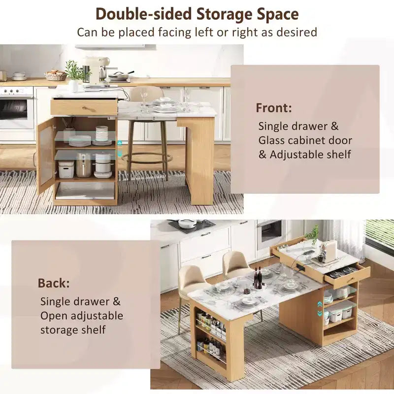 59.5" Kitchen Island with Extendable Dining Table, Double-Sided Storage & Power Outlet, Natural