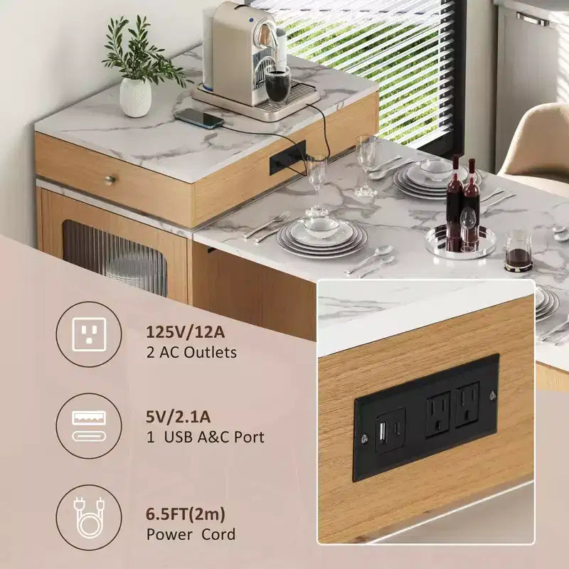 59.5" Kitchen Island with Extendable Dining Table, Double-Sided Storage & Power Outlet, Natural