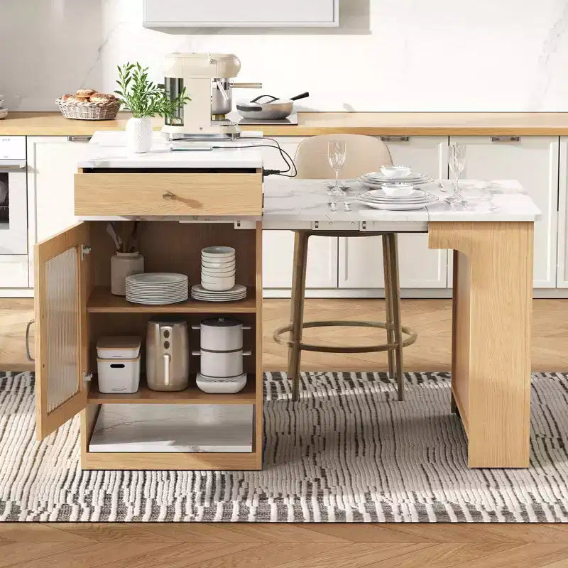59.5" Kitchen Island with Extendable Dining Table, Double-Sided Storage & Power Outlet, Natural