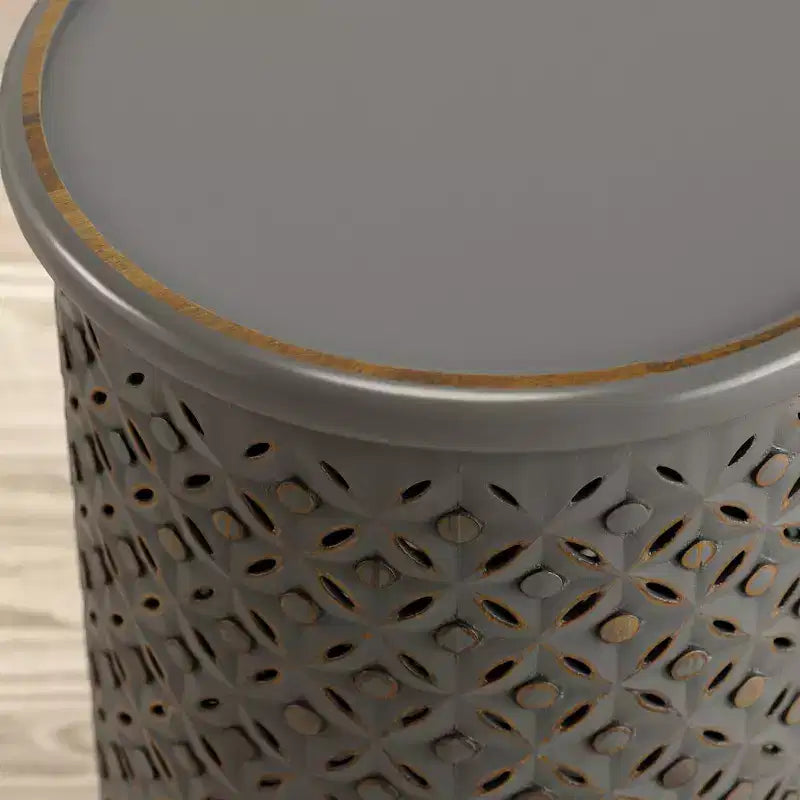 17" Round Distressed Solid Mango Wood Drum Accent End Table