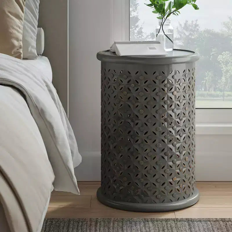 17" Round Distressed Solid Mango Wood Drum Accent End Table