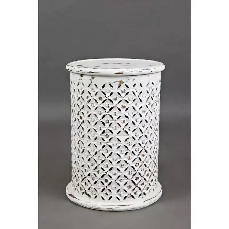 17" Round Distressed Solid Mango Wood Drum Accent End Table