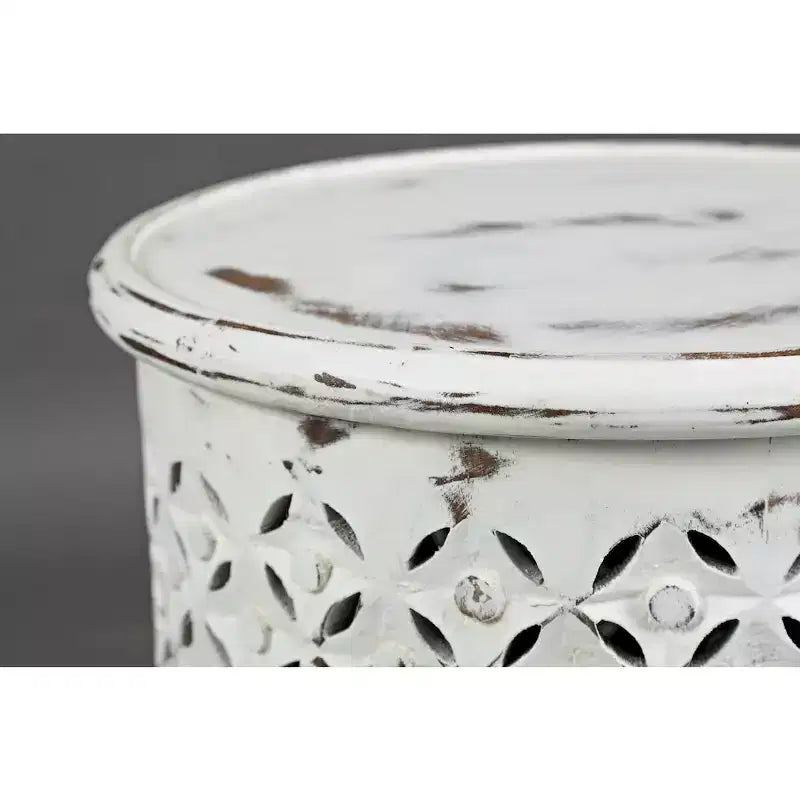 17" Round Distressed Solid Mango Wood Drum Accent End Table