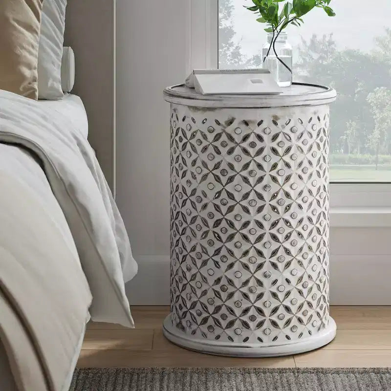 17" Round Distressed Solid Mango Wood Drum Accent End Table