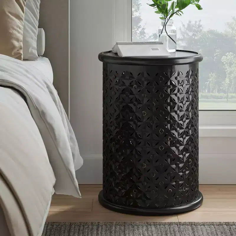 17" Round Distressed Solid Mango Wood Drum Accent End Table