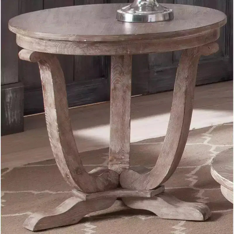 Greystone Mill Round End Table, Stone White Wash with Wire Brush Distressing