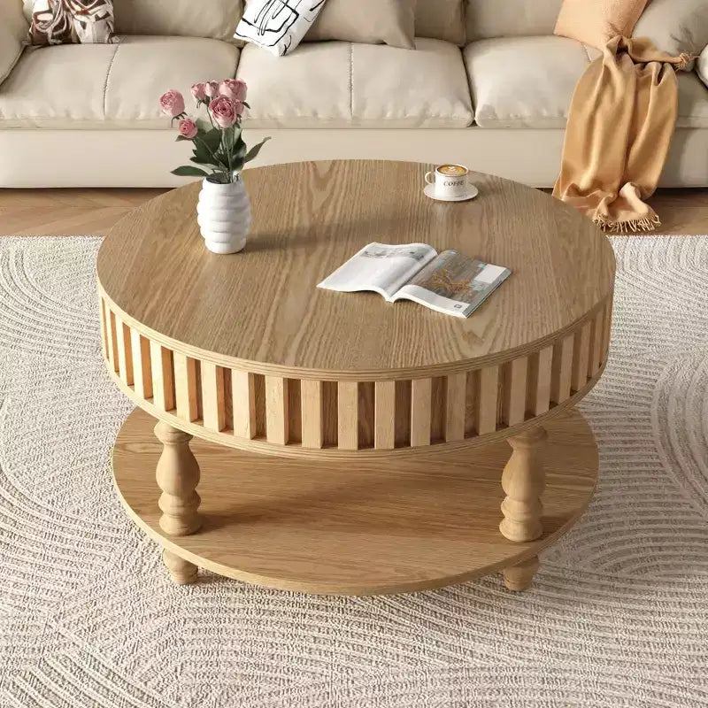 Vintage Round 2-Tier Coffee Table with Dual Storage, Solid Wood Veneer