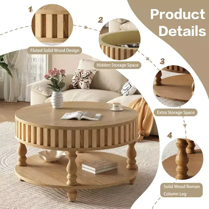 Vintage Round 2-Tier Coffee Table with Dual Storage, Solid Wood Veneer