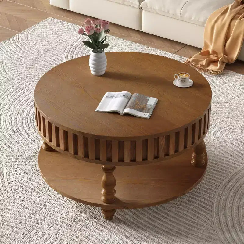Vintage Round 2-Tier Coffee Table with Dual Storage, Solid Wood Veneer