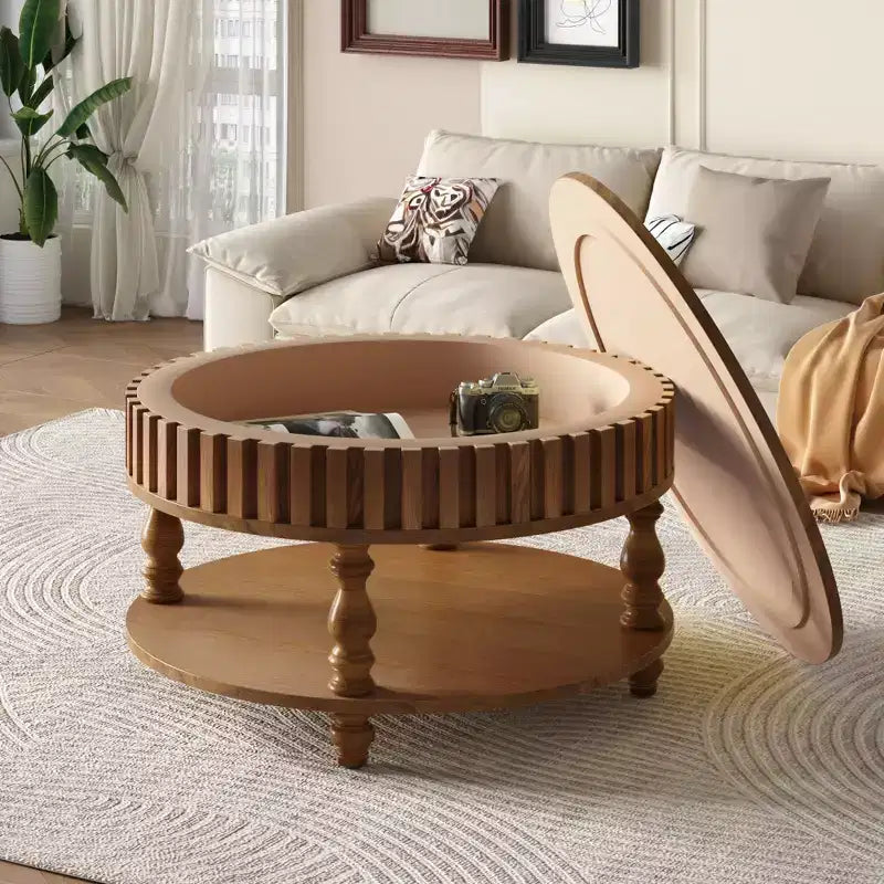 Vintage Round 2-Tier Coffee Table with Dual Storage, Solid Wood Veneer